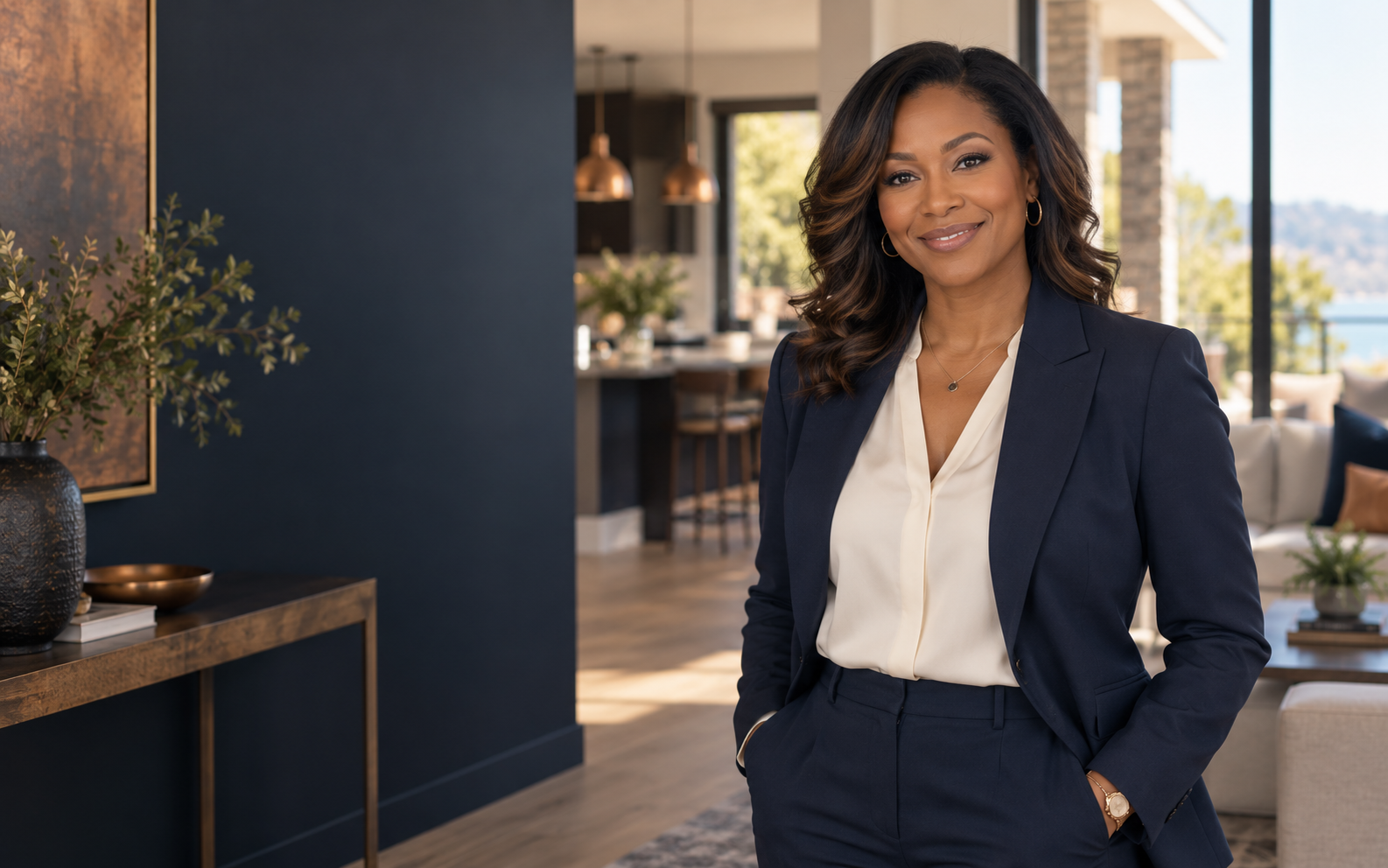 Avery Morgan, fictional mortgage loan officer, in a modern home
